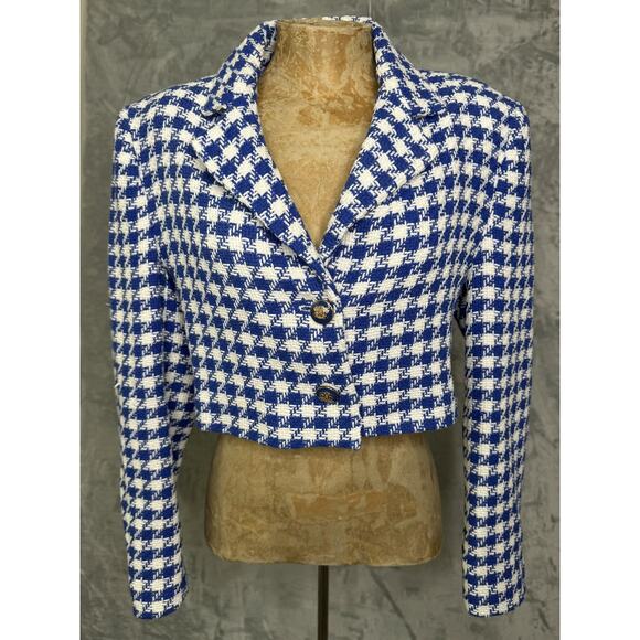 Zara Cropped Blazer Womens Large Blue White Houndstooth Tweed Jacket NWT Cropped - Picture 1 of 13